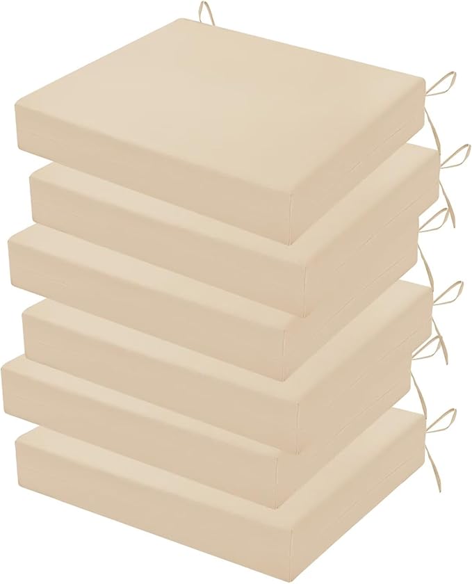 Outdoor Chair Cushions Set of 6, 18.5 x 16 Inch Patio Chair Cushions for Outdoor Furniture, Water Resistant, Non-Slip Ties (Beige)