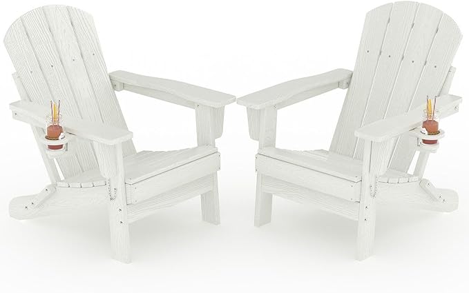 Folding Adirondack Chair Set of 2, All-Weather HDPE Outdoor Chair, Wooden Textured with Cup Holder for patios, Decks, Gardens, fire pits, White