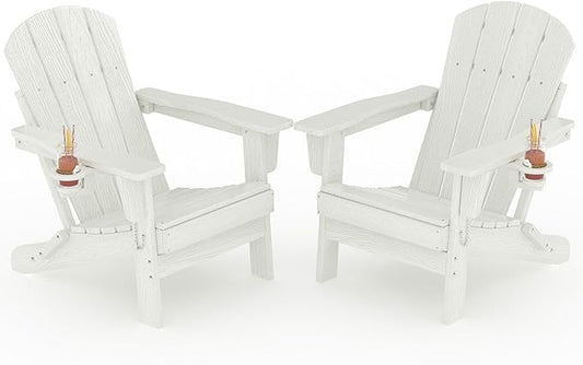 Folding Adirondack Chair Set of 2, All-Weather HDPE Outdoor Chair, Wooden Textured with Cup Holder for patios, Decks, Gardens, fire pits, White