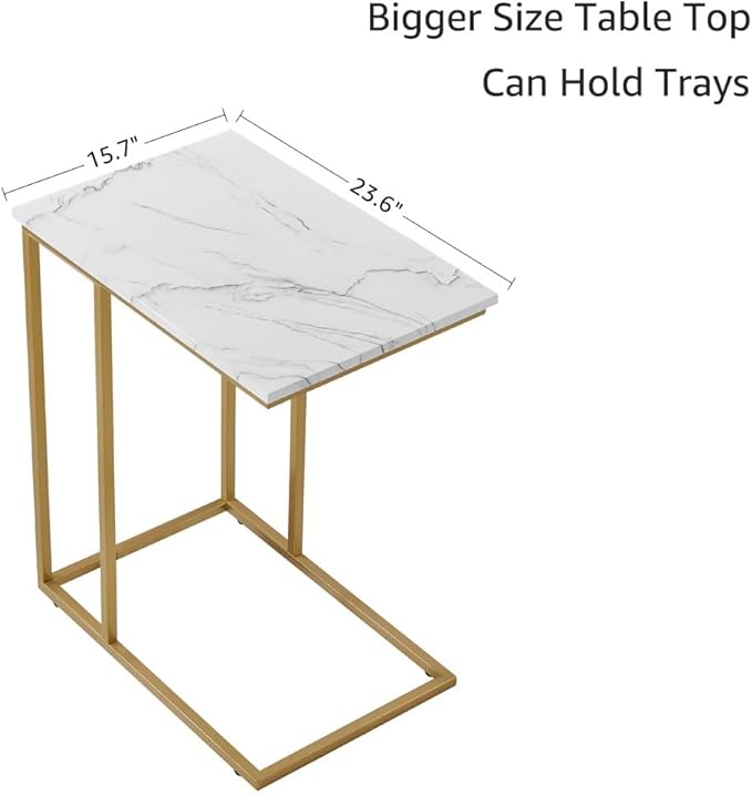 ROSEN GARDEN C Shaped Side Table End Table for Couch, Gold Side End Table with White Faux Marble Top, Modern Living Room Tray Table
