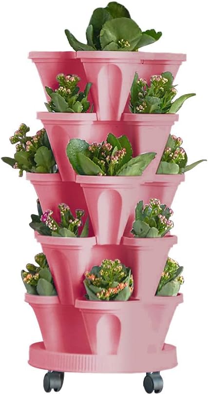Vertical Planter 5 Tiered,Stackable Planters for Strawberry Herb Flower and Vegetable Stacking Garden Tower Gardening Pots with Removable Wheels and Bottom Indoor Outdoor