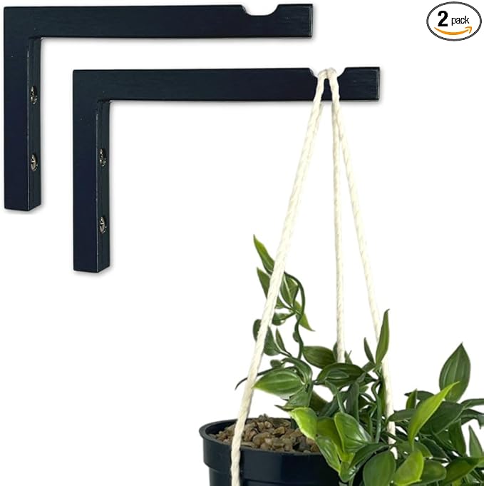 EvenWood 2-Piece Set of Plant Hooks for Wall 6 Inch - L-Shaped Mounted Wooden Plant Hook - Indoor and Outdoor Bracket Plant Hanger for Planters, Lanterns, Bird Feeders and Plant Basket (Black)