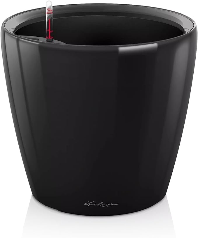 Lechuza Classico LS 21 Black High Gloss, Self-Watering Round Planter, D8.3 H7.9 in