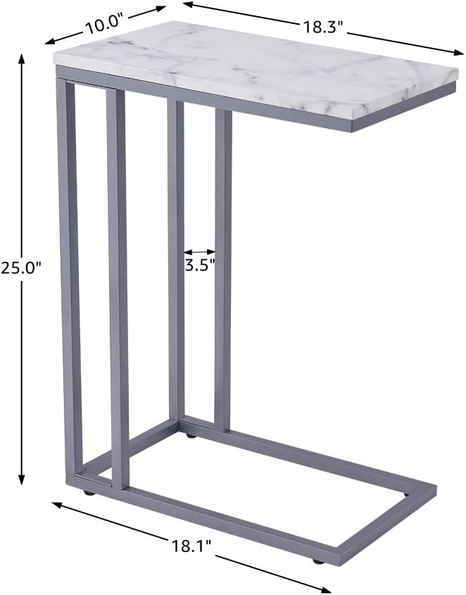 ROSEN GARDEN C-Shape Side End Table, Faux Marble Tray Snack Table with Metal Frame, Laptop Coffee Holder, Modern Furniture (Silver)