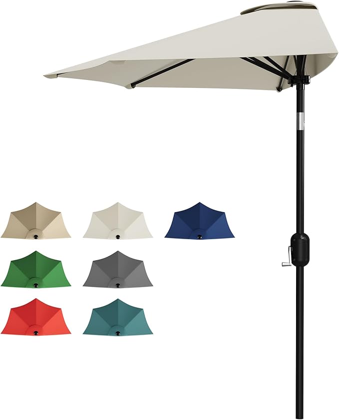 Garvee Patio Umbrella 9FT - Half Umbrella Outdoor with Smooth Crank Lift, Outdoor Shade Canopy for Patio, Backyard, Garden, Deck, Balcony -Beige