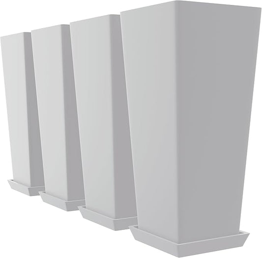 Set of 4 24" Tall Plastic Planters with Trays, Large Tapered Plant Pots for Indoor Outdoor Use, Modern Decorative Planters for Porch, Patio, Garden, and Backyard