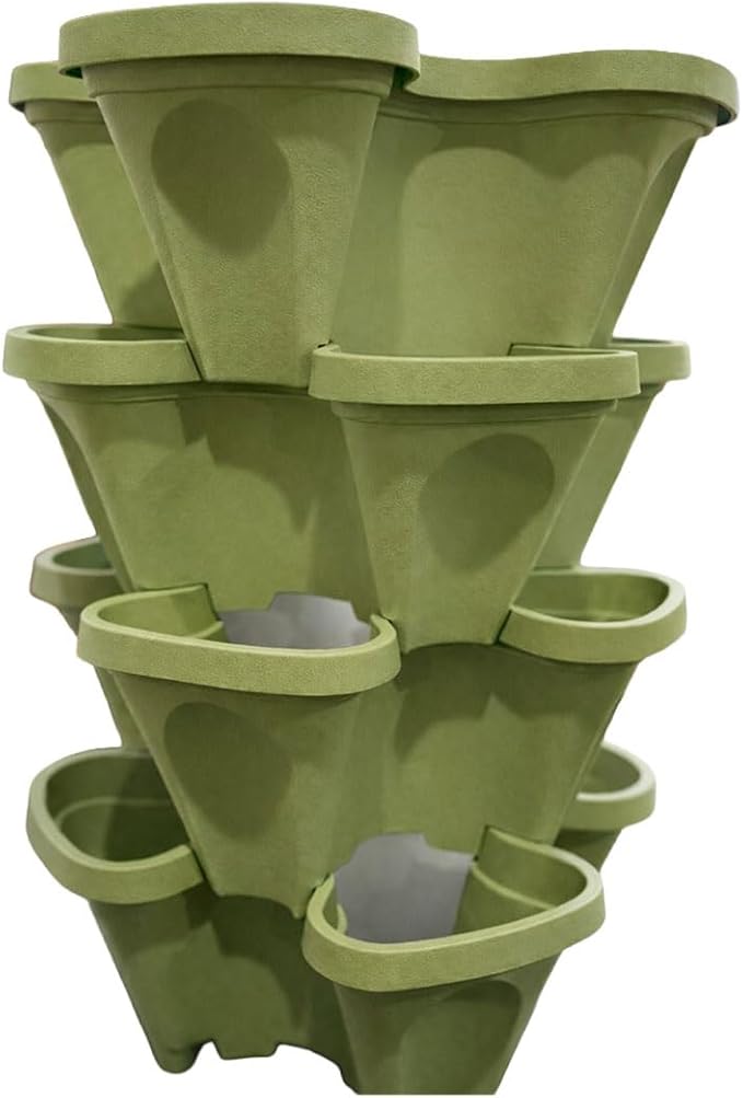 Large Vertical Planter Tower, 4 Tier Stackable Garden Planter, 28 Plant Sites, Heavy Duty Strawberry Planter, Vertical Growing System with Center Hole, Made in USA (4, Sagebrush Green, Large)