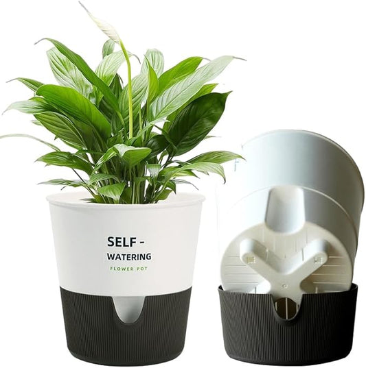 Flower and Plant Pot, Self Watering Plastic Plants Planter with Drainage Holes and Saucers, Modern Outdoor Indoor Decorative Flower Pot for Plants, Flowers, Herbs, Succulents (White, 7.5 inch)