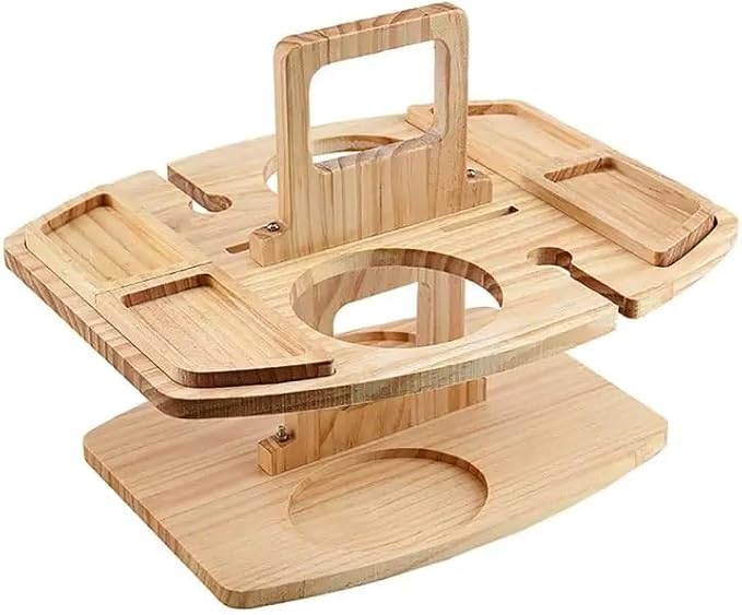 Folding Wooden Picnic Table with Wine Glass Holder - Portable Camping Table for Beach, Park & Outdoor Use, Champagne and Beverage Stand
