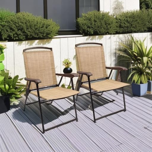 Devoko Patio Folding Chair Deck Sling Chair Camping Garden Pool Beach Using Chairs Space Saving Set of 2 (Beige)