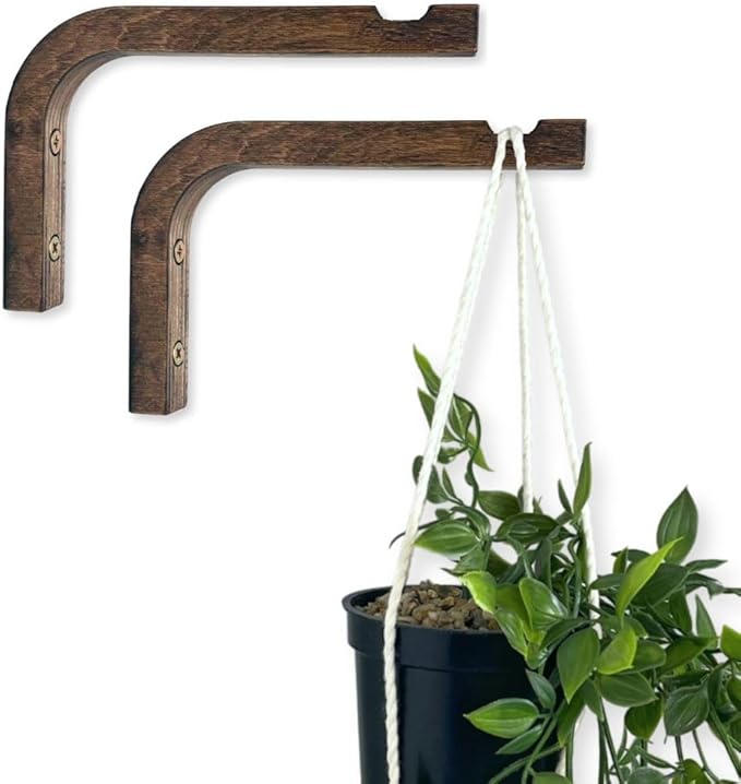 EvenWood 2-Piece Set of Plant Hooks for Wall 6 Inch - Mounted Wooden Plant Hook - Indoor and Outdoor Bracket Plant Hanger for Planters, Lanterns, Bird Feeders, Patio Decorations (Walnut)
