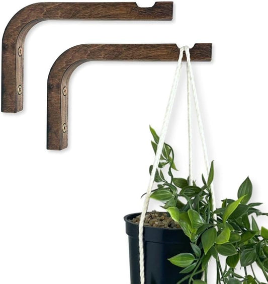 EvenWood 2-Piece Set of Plant Hooks for Wall 6 Inch - Mounted Wooden Plant Hook - Indoor and Outdoor Bracket Plant Hanger for Planters, Lanterns, Bird Feeders, Patio Decorations (Walnut)