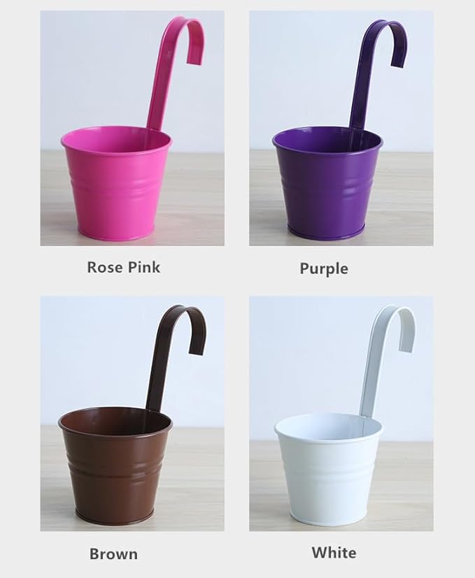Vintage Hanging Cup Holders with Removable Hooks -5 Pack Metal Iron Buckets Hanging Flower Pots Wall Fence Hanging Planter-Storage Box, Drainage Holes -5''Diameter Vase Decoration (Rose Pink)