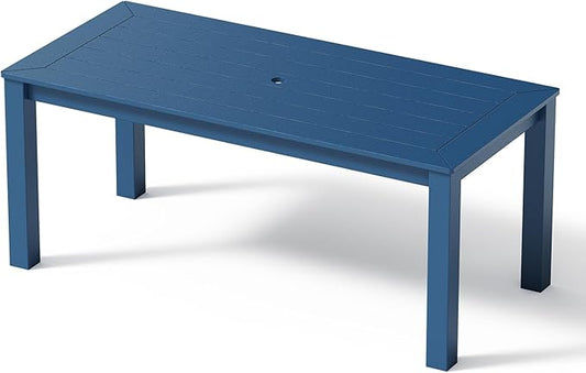 Outdoor HDPE Dining Table, All-Weather Outdoor Table with Umbrella Hole Cut-Out, Patio Furniture for Garden, Backyard, Deck (Blue)