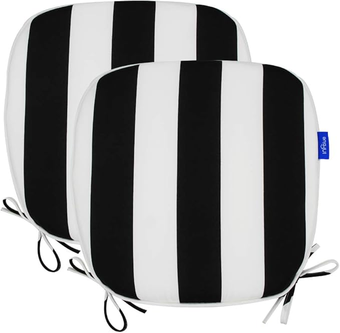 SleepMan Outdoor 17"x16" Chair Cushions with Ties Set of 2, Water Resistant All Weather U-Shape Seat Pads for Patio Garden Furniture Indoor Fade Resistant Patio Cushions (Black Stripe)