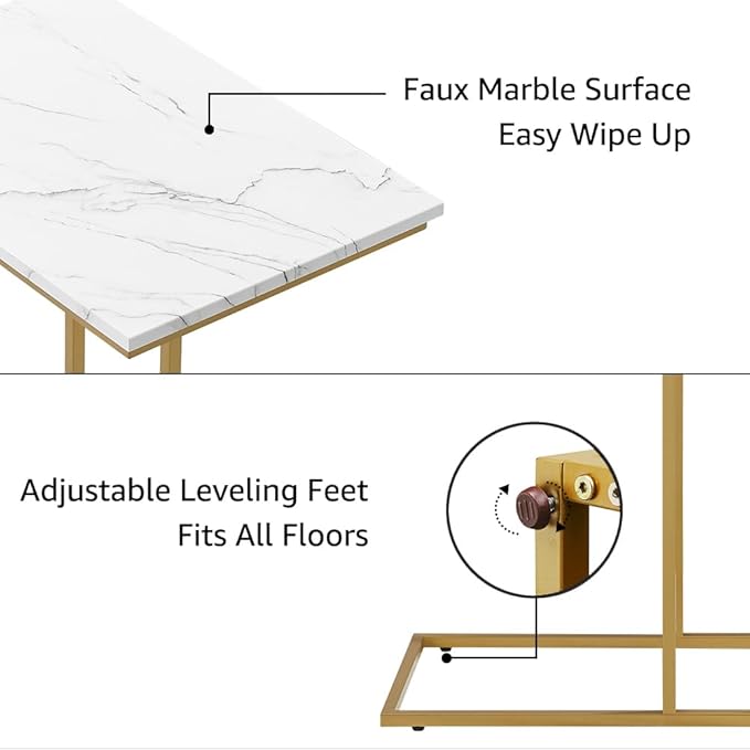 ROSEN GARDEN C Shaped Side Table End Table for Couch, Gold Side End Table with White Faux Marble Top, Modern Living Room Tray Table