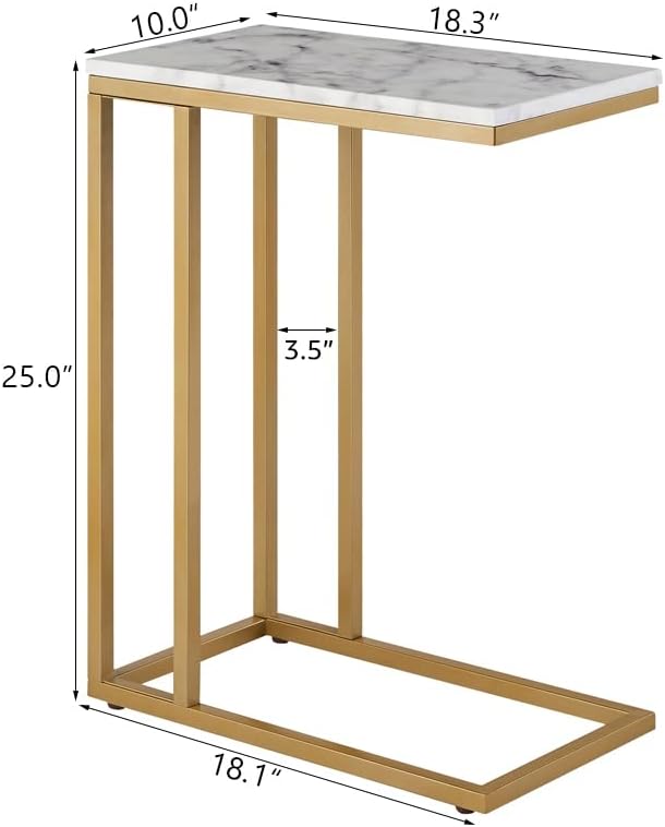 ROSEN GARDEN C-Shape Side End Table, Gold Faux Marble Tray Snack Table with Metal Frame, Laptop Coffee Holder, Gold Modern Furniture