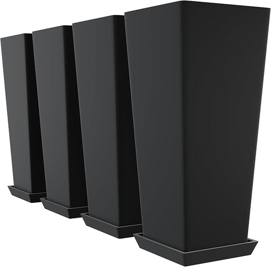 Set of 4 24" Tall Plastic Planters with Trays, Large Tapered Plant Pots for Indoor Outdoor Use, Modern Decorative Planters for Porch, Patio, Garden, and Backyard