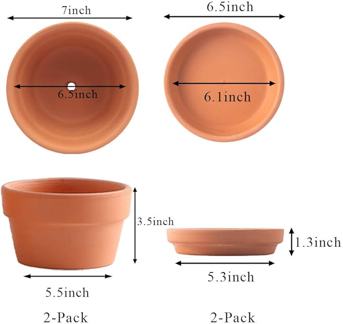 Yishang 7 Inch Terracotta Shallow Planters with Saucer/Tray,Ceramic Flower Clay Plant Pots with Drainage Hole,Unglazed Cactus/succlent Plant Containers Indoor Garden Bonsai Pots