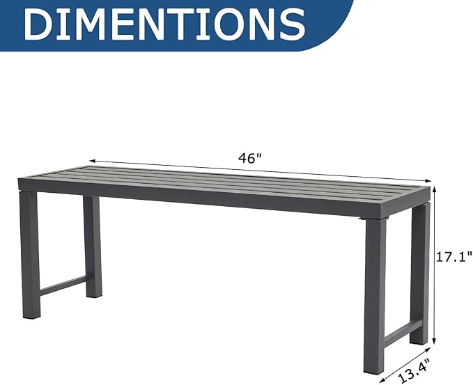 46" Outdoor Metal Backless Bench Set of 2, All-Weather Patio Garden Bench for Backyard, Porch, or Lawn, Durable Steel Bench for Outdoor Spaces, Grey
