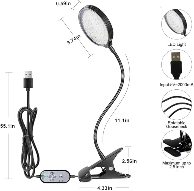 Grow Light 15W Sunlike Full Spectrum LED Plant Grow Lights with Timer Auto On/Off 4/8/12H Waterproof Grow Lamp for Indoor Plants, 5 Dimmable Levels, Adjustable Gooseneck