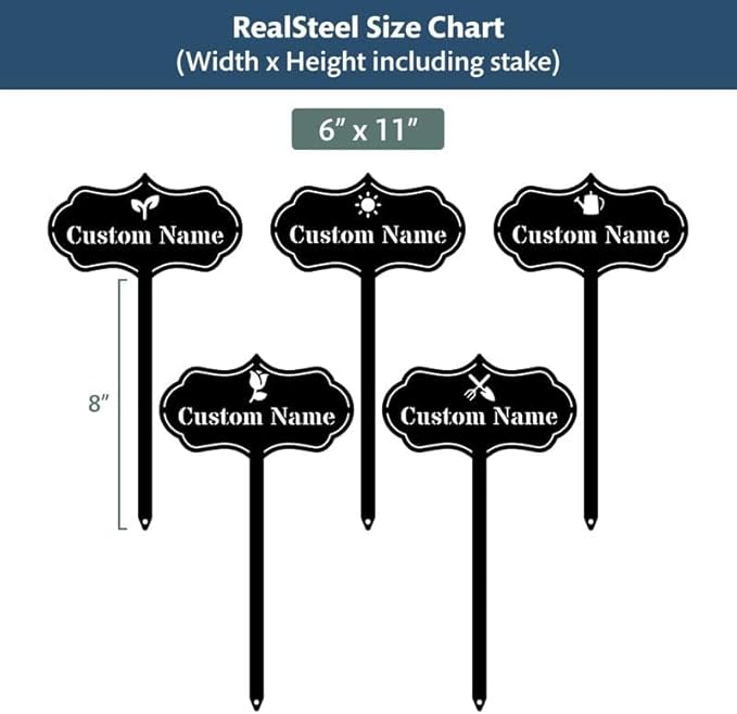 RealSteel Custom Seed & Plant Markers – Metal Garden Stakes for Herbs, Fruits & Vegetables | Elegant Steel Plant Labels for Pots, Raised Beds & Outdoor Gardens | Farmhouse & Greenhouse | Sprout Icon