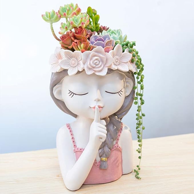 Adorable Large Girl face Planter Cute Big Succulent Pot with Drainage Hole Tall Lady Head Planter Resin Flower Pot Decorative vase for Plants