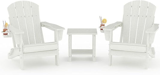 Folding Adirondack Chair Set of 2 with Side Table, All-Weather HDPE Outdoor Chair, Wooden Textured with Cup Holder for patios, Decks, Gardens, fire pits, White