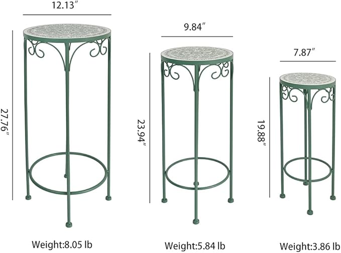 Metal Plant Stand Indoor & Outdoor Set of 3 Round Ceramic Top 28" Tall Mosaic Flower Stand Tile Nesting Display Plant Rack Flower Holder Side Table for Patio Living Room Multi-tiered Flower Pot Holders Garden Accessory Decor Green