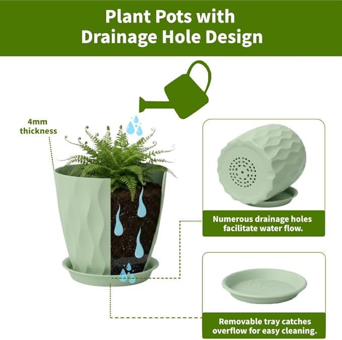 Plant Pots 8 Inch, 6 Pack Plastic Flower Pots for Indoor & Outdoor Plants, Planters with Drainage Holes and Saucer, Garden Pot for Plants (Green)