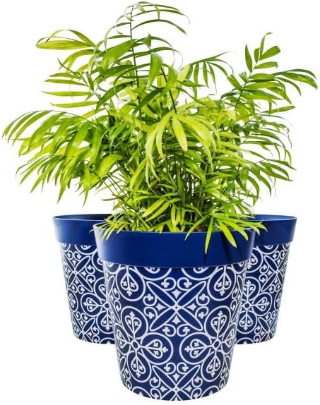 Hum Flowerpots, 10 inch Set of 3, Various Patterns Colors and Sizes, Indoor/Outdoor Plastic Plant Pots (Blue Maroc)
