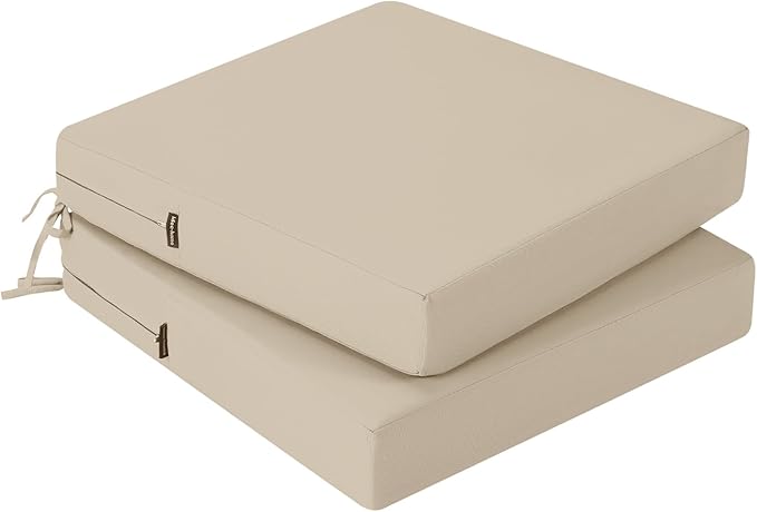 idee-home Outdoor Chair Cushions Set of 2, Waterproof Outdoor Seat Cushions for Patio Furniture, Outside Replacement Chair Pad with Ties for Lawn Deck Porch, 19 x 19 Beige