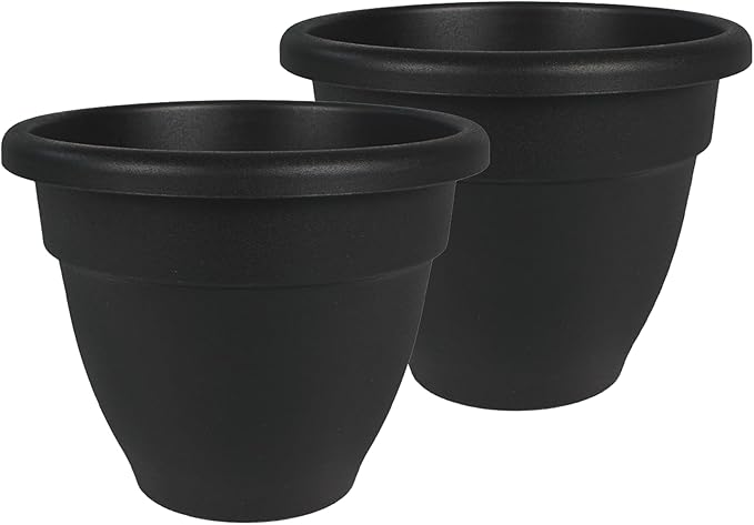 The HC Companies 14 Inch Caribbean Planter Pots with Drainage & Plug, Rolled Rim Plastic Planters for Indoor & Outdoor Plants, 2-Pack Decorative Flower Pots for Garden, Office & Home Decor, Black