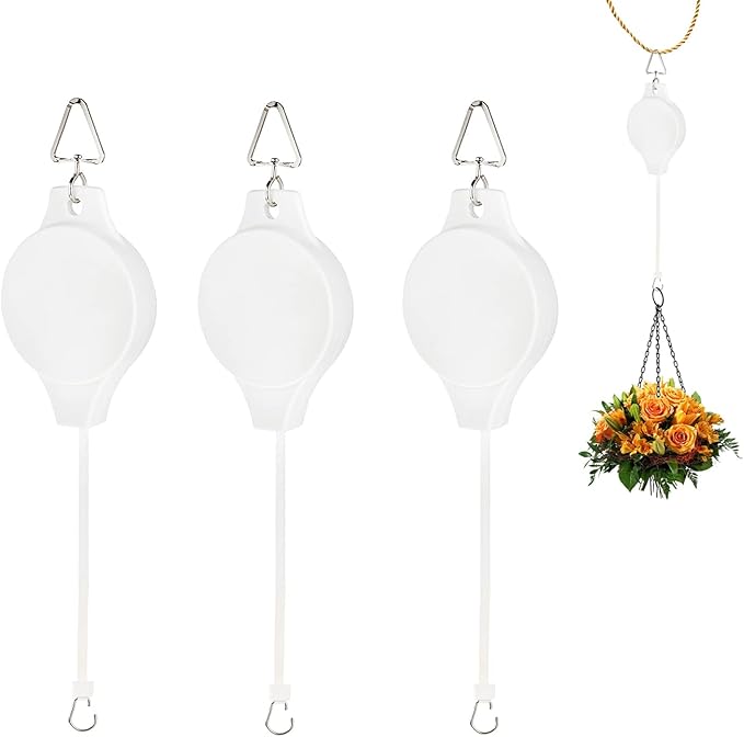 Sungmor Plant Pulleys 3PC White Adjustable Plant Hangers, Indoor Outdoor Retractable Hanging Plant Hook, Telescopic Higher Lower Easy Reach Ceiling Hooks for Hanging Flower Basket Planter Bird Feeder