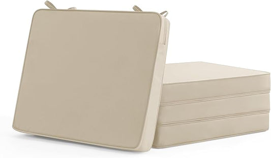 Outdoor Chair Cushions Set of 4: Waterproof & Fade Resistant Seat Cushion for Patio Furniture - 18.5 x 16 x 2 Inch Chair Pads with Ties and Hidden Zipper - Patio Chair Cushion Replacement, Beige