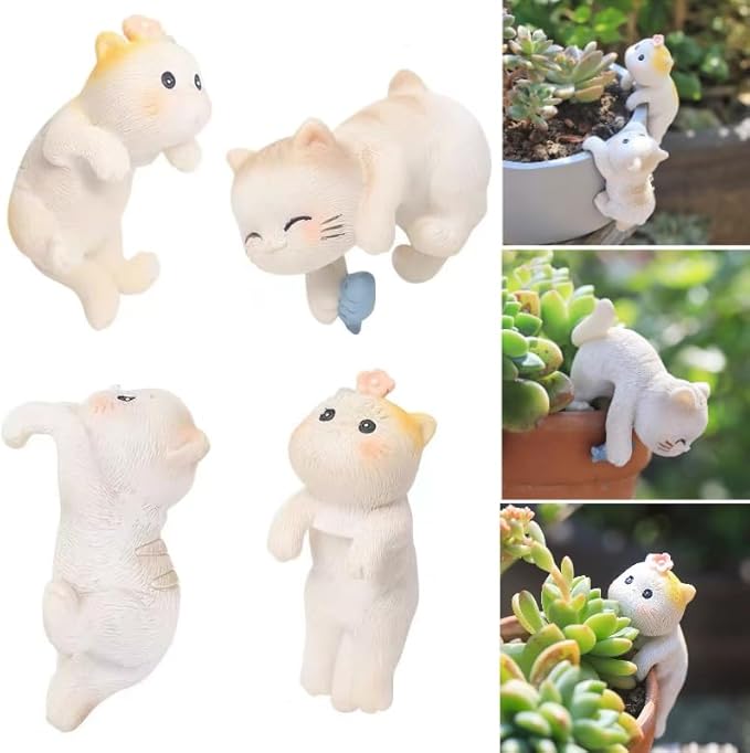 4pcs Climbing Cat Statues For Planter, Cute Animal Figurines Plant Decorations For Pots Vase Fish Tank, Indoor Outdoor Flower Pot Hanging Ornament, Fairy Garden Accessories Décor, Gift For Plant Lover