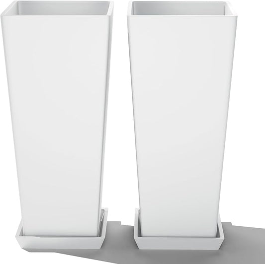 FENCY Set of 2 Tall Planters for Outdoor Plants, 24 Inch Large Tapered Pots with Drainage Trays, Weather-Resistant Plastic Plant Containers for Patio, Porch, Garden, Front Door Decor,White