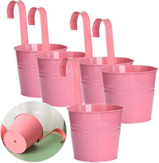 Leoyoubei Hanging Flower Pots for Outdoor Indoor Plants with Removable Hooks -5 Pack Metal Buckets Plant Pots Wall Fence Home Decor-Storage Box,Drainage Holes -5''Diameter (Pink)