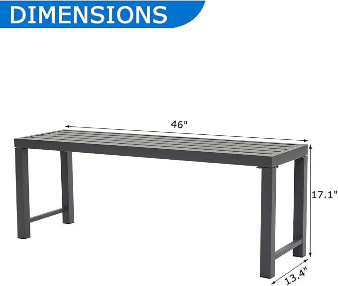 46" Outdoor Metal Backless Bench, All-Weather Patio Garden Bench for Backyard, Porch, or Lawn, Durable Steel Bench for Outdoor Spaces, Grey