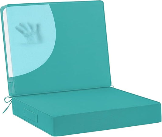 Waterproof Outdoor Chair Cushions 24x24, Memory Foam Outdoor Cushions for Patio Furniture with Removable Cover, Deep Seat Cushions for Outdoor Furniture with Ties and Handle, Teal