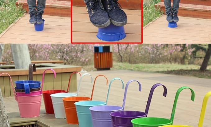Vintage Hanging Cup Holders with Removable Hooks -5 Pack Metal Iron Buckets Hanging Flower Pots Wall Fence Hanging Planter-Storage Box, Drainage Holes -5''Diameter Vase Decoration (Rose Pink)