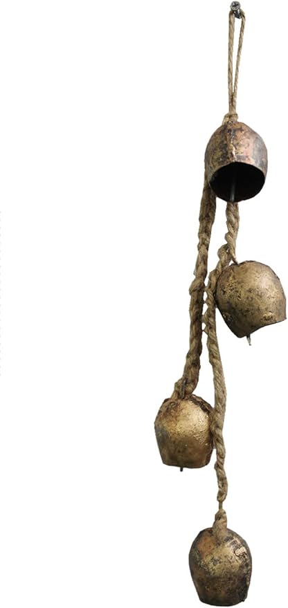 Mango Gifts Rustic Iron 4 Vintage Shabby Chic Metal Barn Bells Decorative Windchime with Rope Relaxing Tranquil Wind Chimes, Country Style, Bohemian Theme Decor 45 cm Height