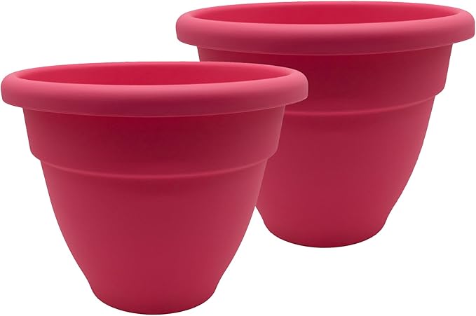 The HC Companies 14 Inch Caribbean Planter Pots with Drainage & Plug, Rolled Rim Plastic Planters for Indoor & Outdoor Plants, 2-Pack Decorative Flower Pots for Garden, Office & Home Decor, Pink Rose