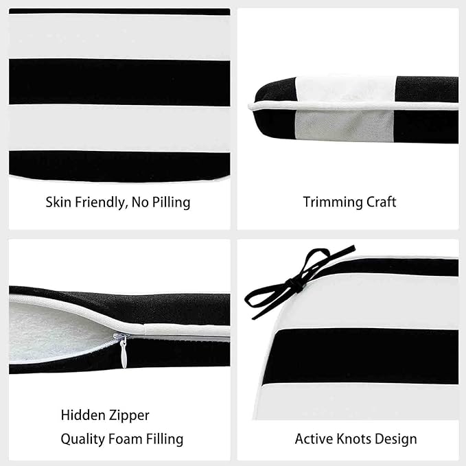 Magpie Fabrics Outdoor/Indoor 17"x16"x2" Chair Cushions with Ties Set of 4, Waterproof All Weather U-Shape Seat Pads Decoration for Patio Garden Furniture Home Office (Black White)