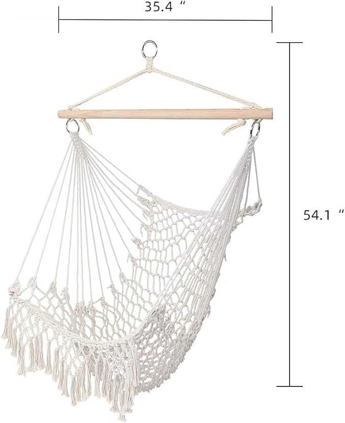 Hammock Chair Hanging Rope Swing, Hammock Net Air/Sky Chair Deluxe Cotton Rope Sling w/Tassel for Beach, Yard, Patio, Porch, Garden, Outdoor Space (Beige)