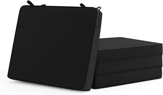Outdoor Chair Cushions Set of 4: Waterproof & Fade Resistant Deep Seat Cushion for Patio Furniture - 24 x 24 x 3 Inch Chair Pads with Ties and Hidden Zipper - Patio Chair Cushion Replacement, Black