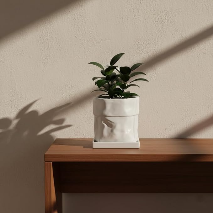 Nihow Ceramic Plant Pot: 6 Inch Planter with Drainage Hole & Square Saucer for Herbs/Plants, Bag Shape Design Flower Pot for Indoor & Outdoor Garden Decor - White