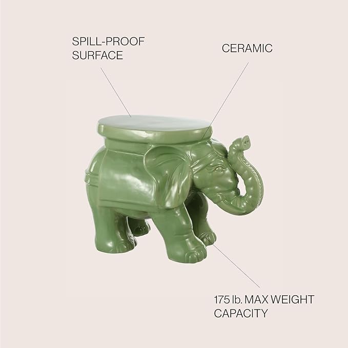JONATHAN Y TBL1007F White Elephant 14.25" Ceramic Indoor/Outdoor Garden Stool Coastal, Contemporary, Transitional, Patio, Garden Room, Bathroom, Living Room, Green