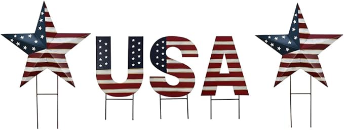 Metal USA Letter Yard Sign with Stake, Patriotic Barn Star Garden Stake Hanging Wall Decor, Outdoor Garden Lawn American Decor for 4th of July Independence Day Memorial Day