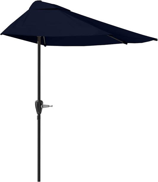 Half Umbrella Outdoor Patio Shade - 9 ft Patio Umbrella with Easy Crank - Small Canopy for Balcony, Table, or Deck by Pure Garden (Navy Blue)